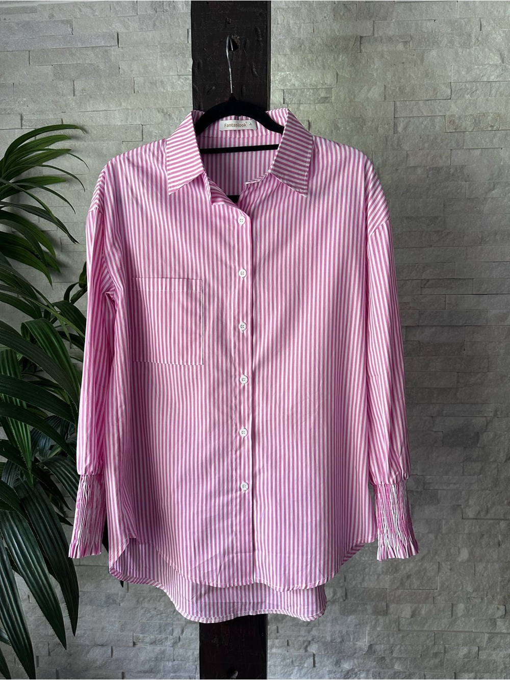 Fantastalook Pink & White Striped Button-Up Smocked Cuff Shirt Size Small